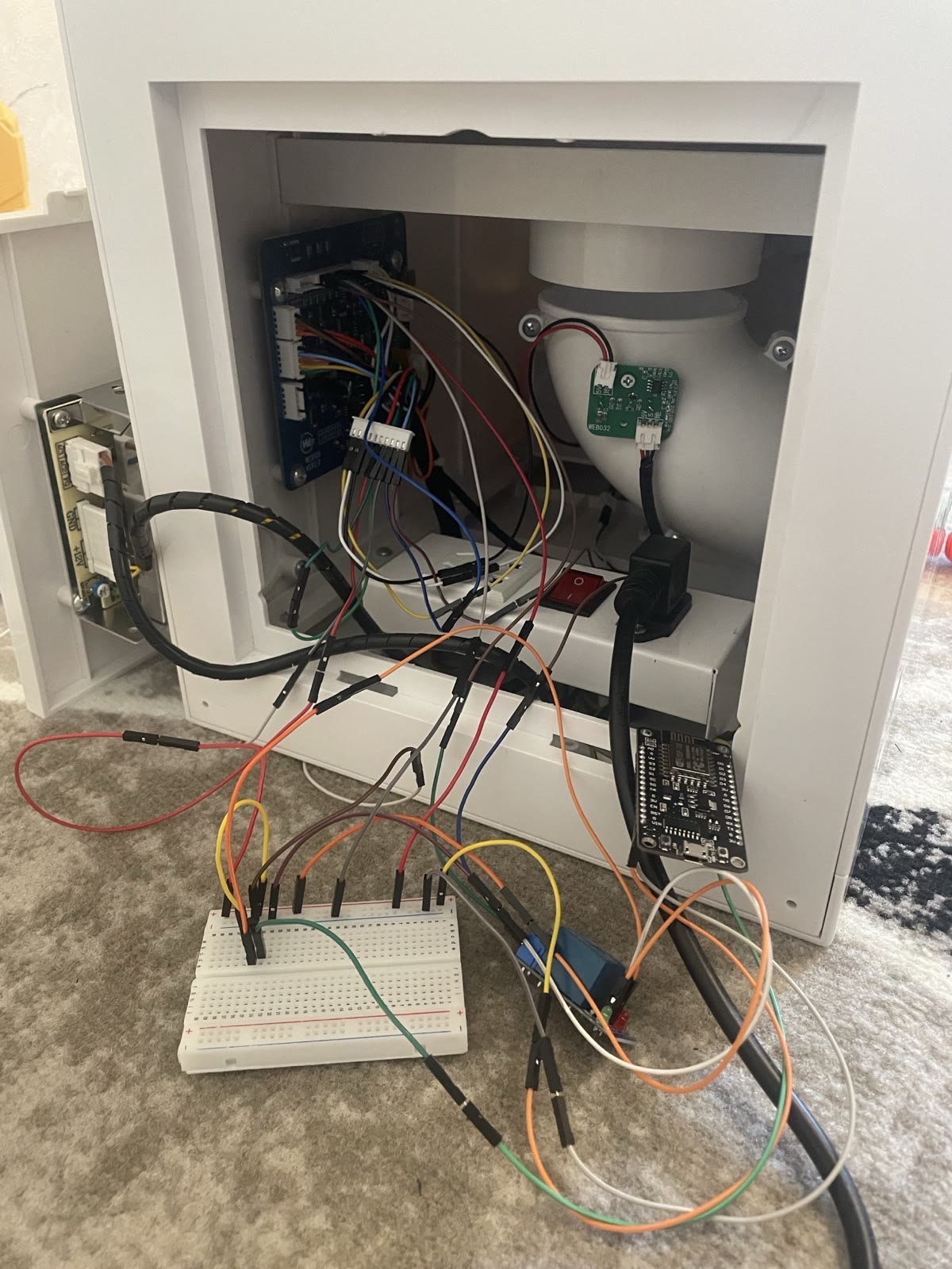Actual control board and wiring inside the prototype cabinet